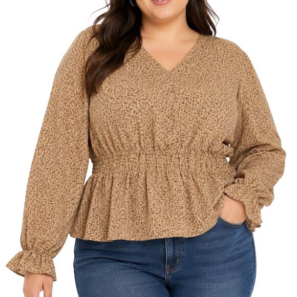 SHEIN Tops - 1X SHEIN Tan Brown Allover Print Long Sleeve Peplum Wrap V Neck Blouse Top Shirt
